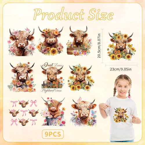 EoBeCy 9 Sheets Highland Cow Iron on Transfers for T-Shirts, DTF Transfers Ready to Press Heat Transfer Vinyl, Cute Cow Sunflower Iron on Decals for Clothes Bag Pillow DIY Crafts - Image 2