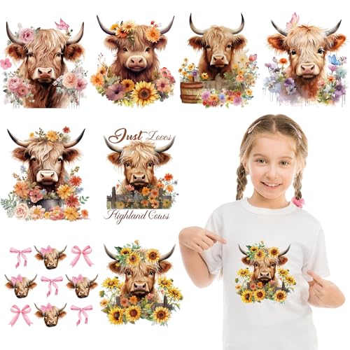EoBeCy 9 Sheets Highland Cow Iron on Transfers for T-Shirts, DTF Transfers Ready to Press Heat Transfer Vinyl, Cute Cow Sunflower Iron on Decals for Clothes Bag Pillow DIY Crafts - Image 1