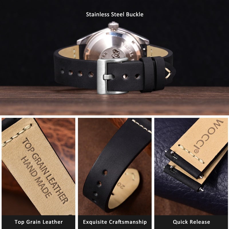 WOCCI 20mm Old-fashioned Watch Band for Men, Top Grain Leather, Silver Brushed Buckle (Black) - Image 3