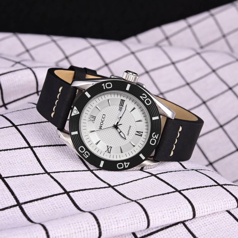 WOCCI 20mm Old-fashioned Watch Band for Men, Top Grain Leather, Silver Brushed Buckle (Black) - Image 2