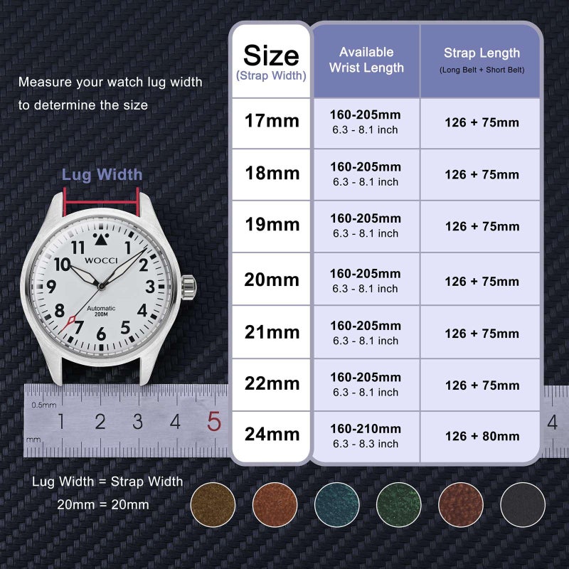 WOCCI 20mm Old-fashioned Watch Band for Men, Top Grain Leather, Silver Brushed Buckle (Black) - Image 4