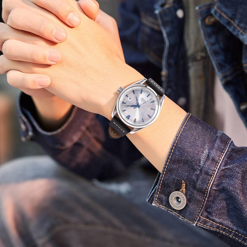 WOCCI 20mm Old-fashioned Watch Band for Men, Top Grain Leather, Silver Brushed Buckle (Black) - Image 5