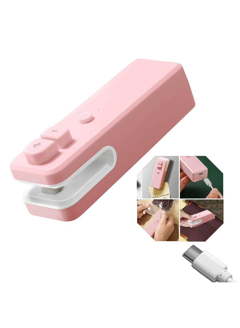 Excefore Mini Bag Sealer USB Rechargeable, 2 in 1 Heat Sealer and Cutter, Handheld Heat Vacuum Sealer for Plastic Bags Food Storage Snacks Freshness （Pink） - Image 1
