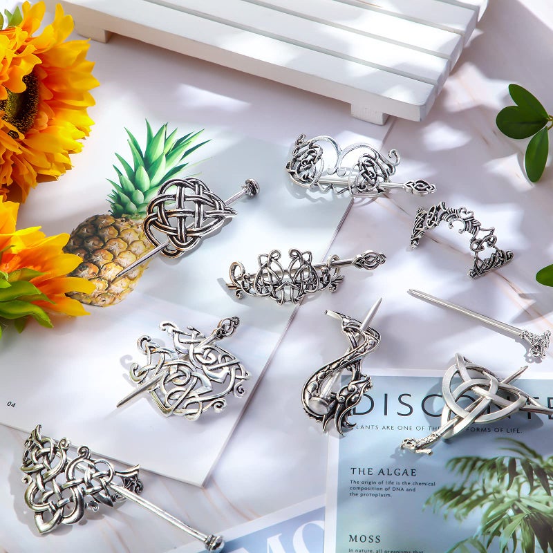 Syhood 8 Pcs Viking Celtic Hair Clips Vintage Knot Hair Stick Retro Silver Metal Celtic Barrette Hairpins Viking Jewelry Accessories for Women (Classic) - Image 4