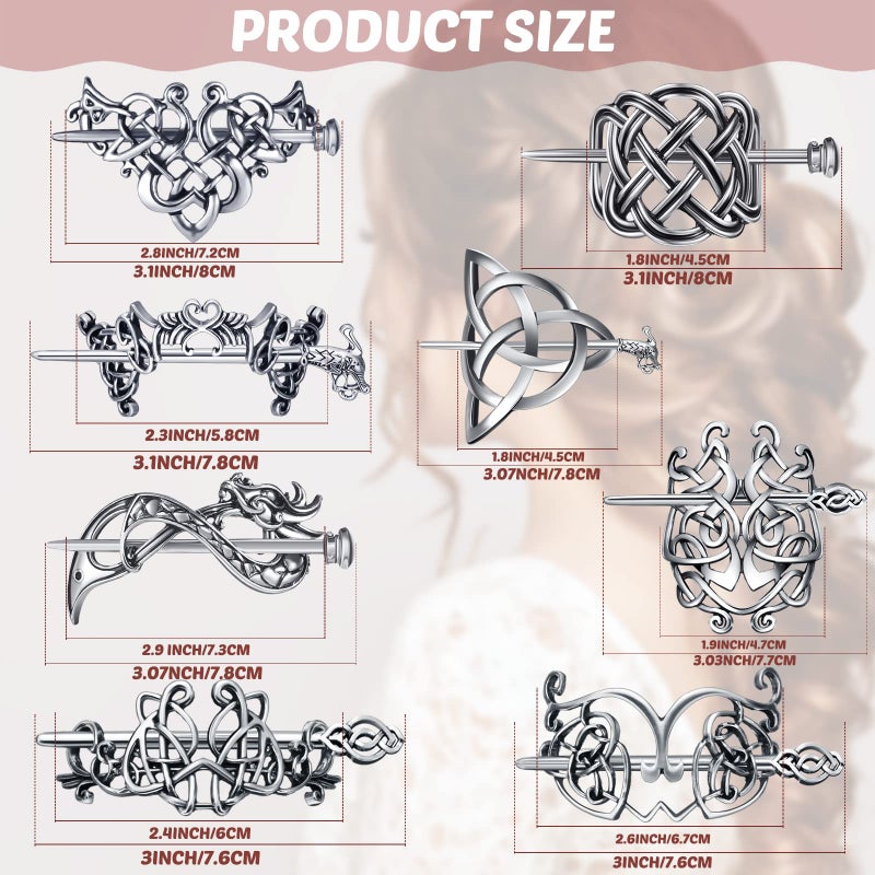 Syhood 8 Pcs Viking Celtic Hair Clips Vintage Knot Hair Stick Retro Silver Metal Celtic Barrette Hairpins Viking Jewelry Accessories for Women (Classic) - Image 2