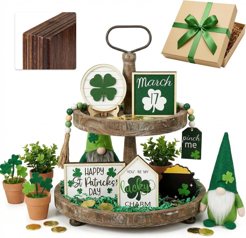 TNDCKP St Patricks Day Tiered Tray Decor Set 071 in Extra Thick Freestanding Shamrock Wood Signs with Bead Garland Lucky Farmhouse Decor for Shelf Mantel Countertop - Image 2