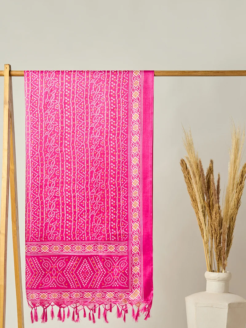 Globus Women Pink Bandhani Print Silk Tasselled Border Dupatta
