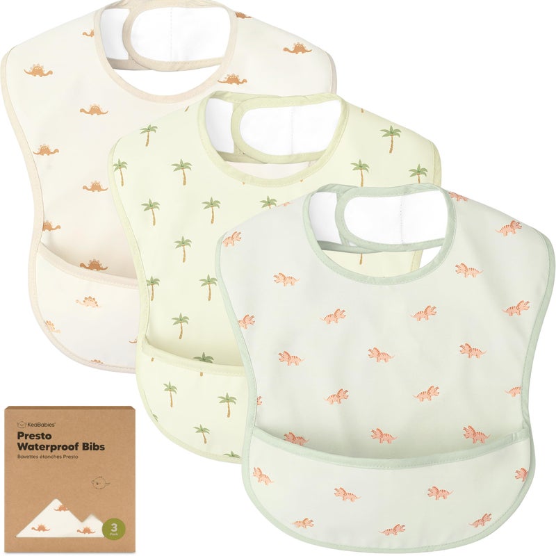KeaBabies 3-Pack Waterproof Baby Bibs for Eating - Lightweight Toddler Feeding Bibs with Large Food Catcher, Mess Proof, Food-Grade Baby Eating Essentials, Easy to Put On & Clean (Roarsome) - Image 1