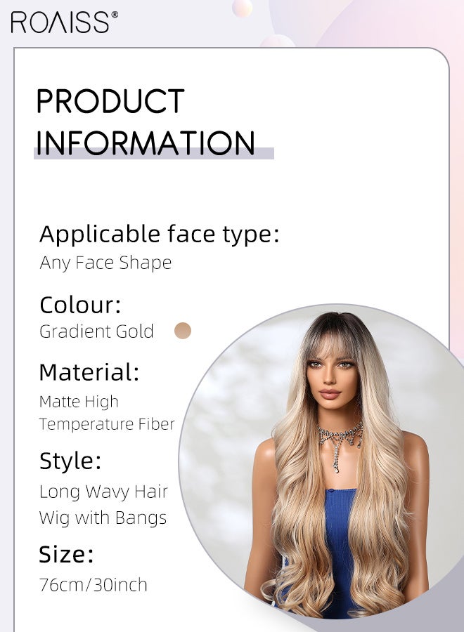 roaiss Gradient Gold Long Wavy Hair Wig with Bangs for Women, Natural Soft Synthetic Heat Resistant Hair Wig with Bangs for Wedding Cosplay Party Daily Wear, 76cm (30 inches) - Image 3