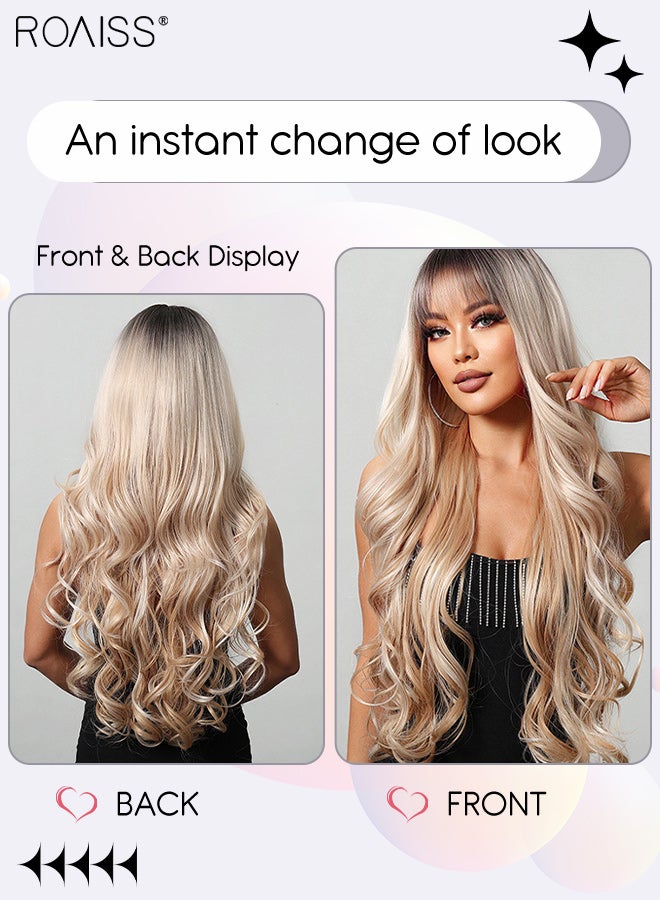 roaiss Gradient Gold Long Wavy Hair Wig with Bangs for Women, Natural Soft Synthetic Heat Resistant Hair Wig with Bangs for Wedding Cosplay Party Daily Wear, 76cm (30 inches) - Image 2