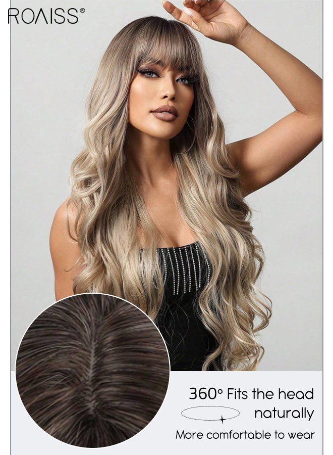 roaiss Gradient Gold Long Wavy Hair Wig with Bangs for Women, Natural Soft Synthetic Heat Resistant Hair Wig with Bangs for Wedding Cosplay Party Daily Wear, 76cm (30 inches) - Image 4