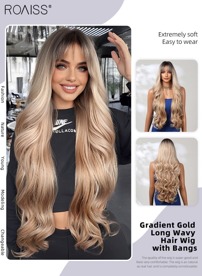 roaiss Gradient Gold Long Wavy Hair Wig with Bangs for Women, Natural Soft Synthetic Heat Resistant Hair Wig with Bangs for Wedding Cosplay Party Daily Wear, 76cm (30 inches) - Image 1