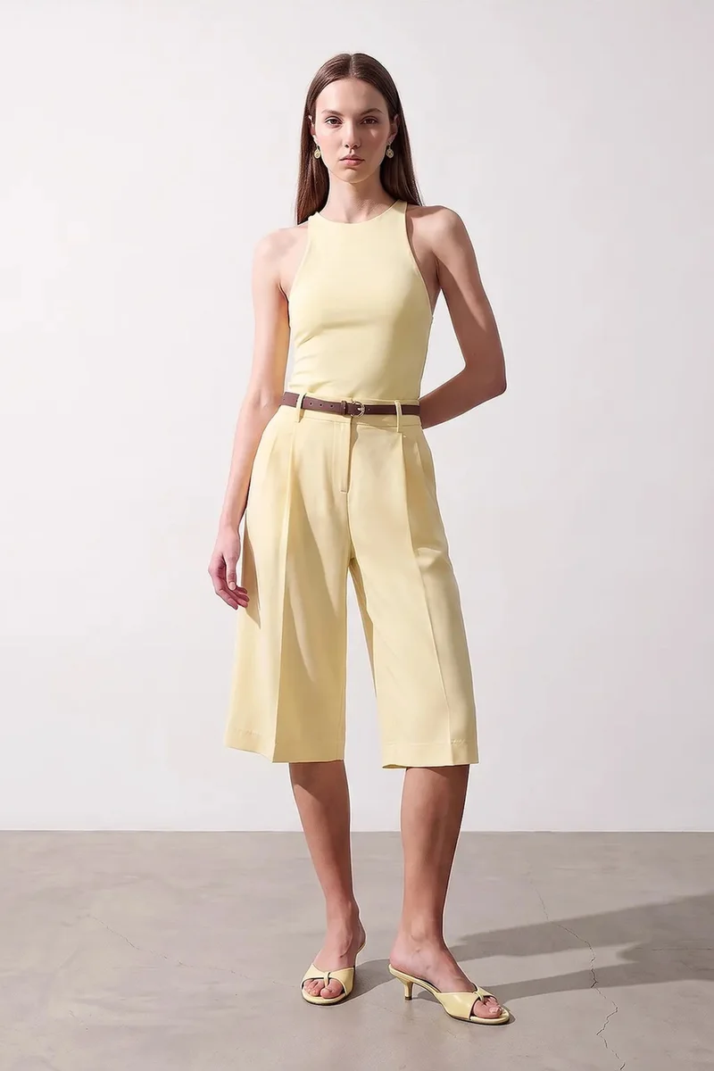 Dilvin Lemon Yellow DILVIN High-waist Belted Wide-leg Tailored Shorts for Women | Best Price UAE