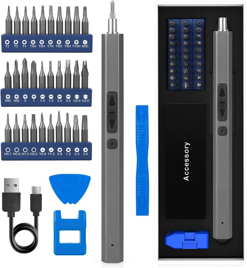 HASTHIP Electric Screwdriver, Precision Screwdriver Set, 37 in 1 Precision Mini Electric Screwdriver with 30 Bits & Tools Cordless Screwdriver Set with LED USB Power Screwdriver Electric Screwdriver - Image 1