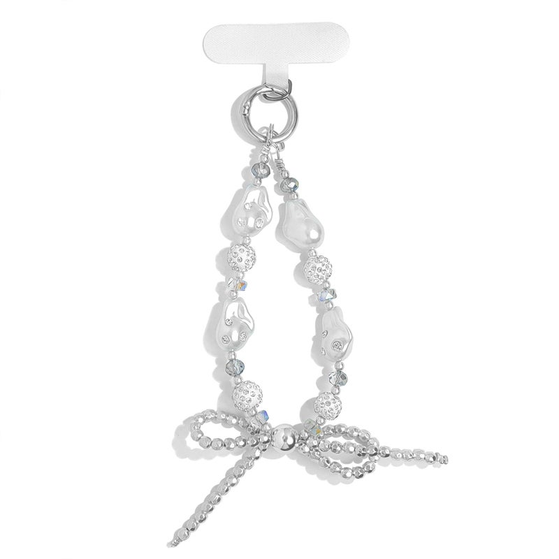 cioatu Cute Phone Wrist Strap Chic Beaded Cellphone Lanyard with Tether Tab Phone Charm Grip Strap for PhoneBag Purses Keys (Silver Pearls) - Image 1