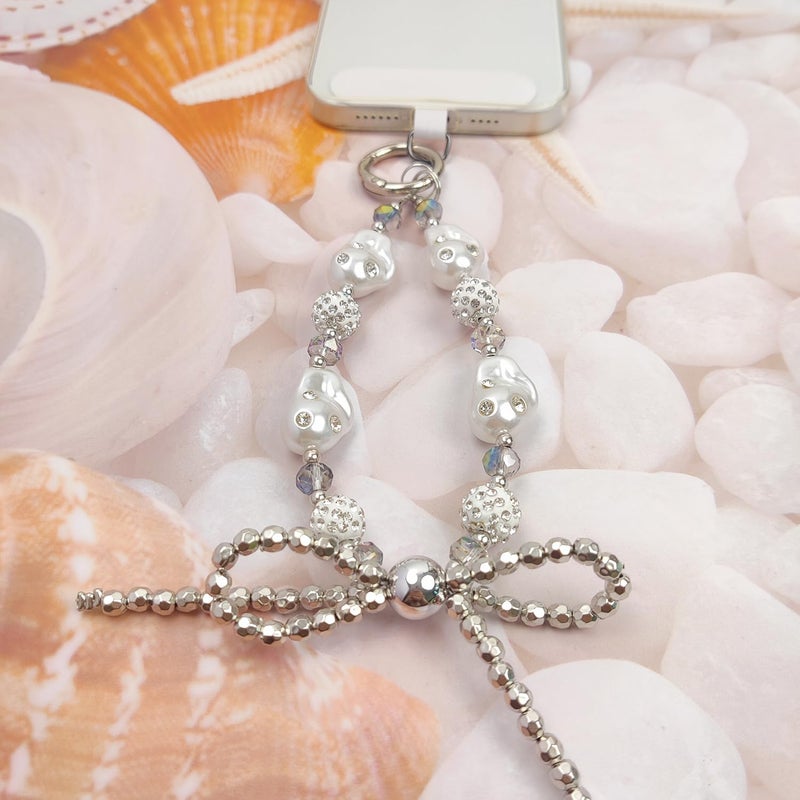 cioatu Cute Phone Wrist Strap Chic Beaded Cellphone Lanyard with Tether Tab Phone Charm Grip Strap for PhoneBag Purses Keys (Silver Pearls) - Image 3