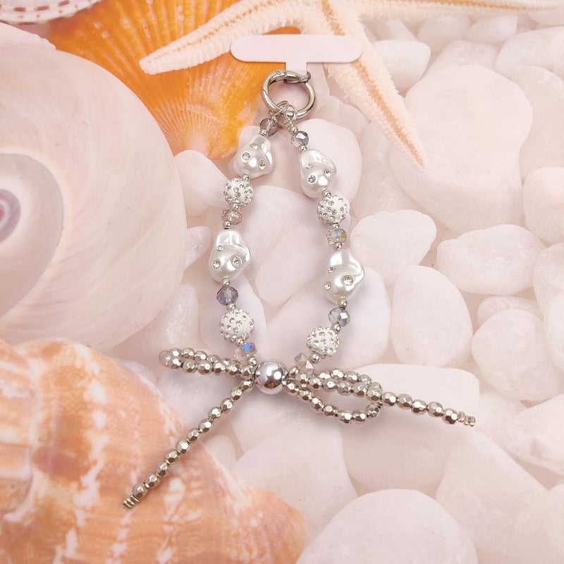 cioatu Cute Phone Wrist Strap Chic Beaded Cellphone Lanyard with Tether Tab Phone Charm Grip Strap for PhoneBag Purses Keys (Silver Pearls) - Image 4