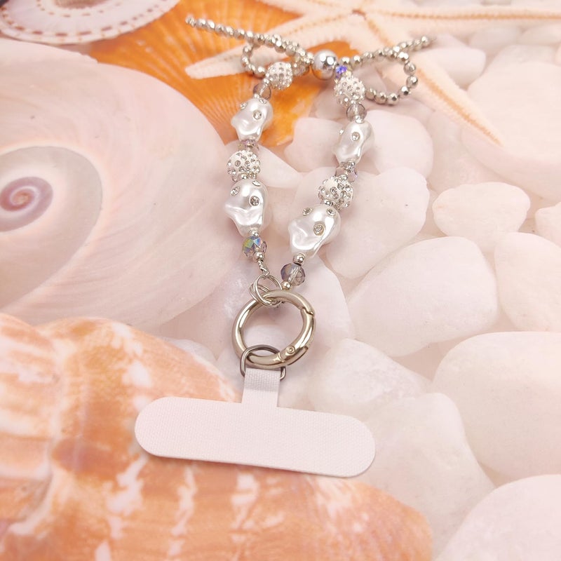 cioatu Cute Phone Wrist Strap Chic Beaded Cellphone Lanyard with Tether Tab Phone Charm Grip Strap for PhoneBag Purses Keys (Silver Pearls) - Image 2