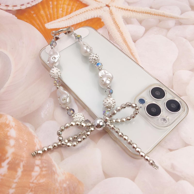 cioatu Cute Phone Wrist Strap Chic Beaded Cellphone Lanyard with Tether Tab Phone Charm Grip Strap for PhoneBag Purses Keys (Silver Pearls) - Image 5