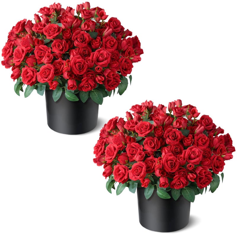 Juxdp 2 Set of Artificial Rose Topiary Trees - Faux Silk Flower Potted Plant, UV Resistant Fake Outdoor Rose Bush for Front Door, Farmhouse, Porch, Garden Decor (Red) - Image 1