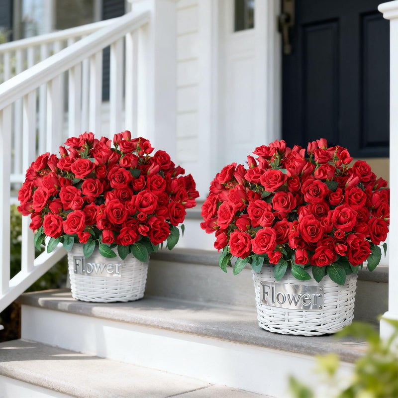 Juxdp 2 Set of Artificial Rose Topiary Trees - Faux Silk Flower Potted Plant, UV Resistant Fake Outdoor Rose Bush for Front Door, Farmhouse, Porch, Garden Decor (Red) - Image 2