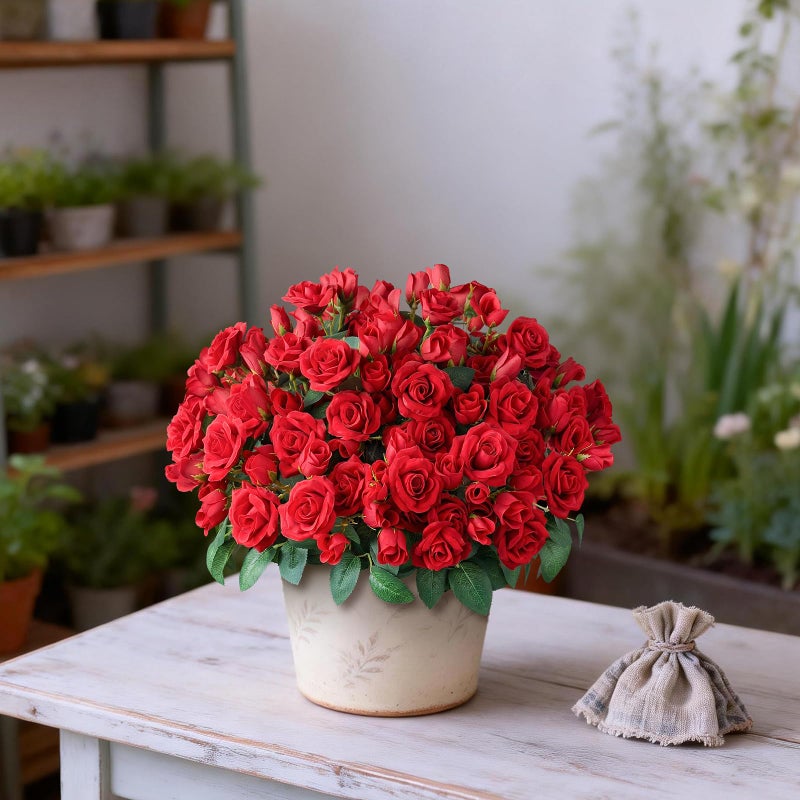 Juxdp 2 Set of Artificial Rose Topiary Trees - Faux Silk Flower Potted Plant, UV Resistant Fake Outdoor Rose Bush for Front Door, Farmhouse, Porch, Garden Decor (Red) - Image 3