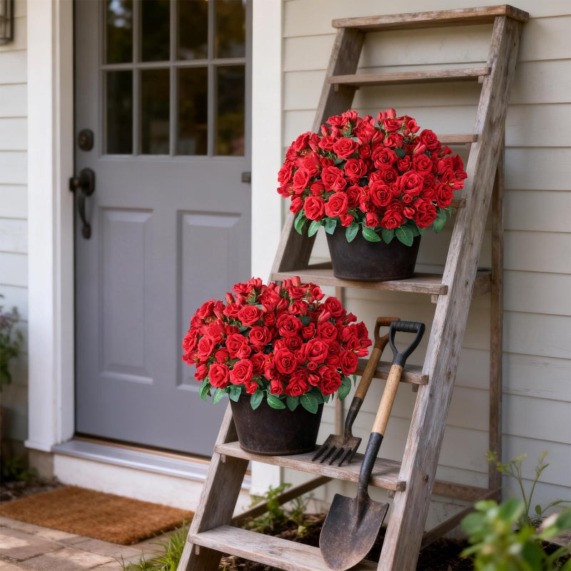 Juxdp 2 Set of Artificial Rose Topiary Trees - Faux Silk Flower Potted Plant, UV Resistant Fake Outdoor Rose Bush for Front Door, Farmhouse, Porch, Garden Decor (Red) - Image 4