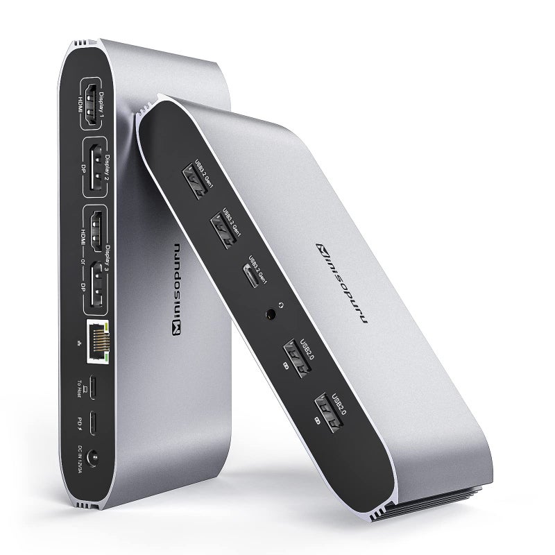 minisopuru محطة إرساء ثلاثية العرض Minisopuru Displaylink لجهاز MacBook M1/M2/M3/M4/Windows، محطة إرساء DisplayLink مع 2 HDMI و 2 DisplayPort، شحن 100W، بيانات USB-C، إيثرنت، صوت، 4 منافذ USBA - Image 1