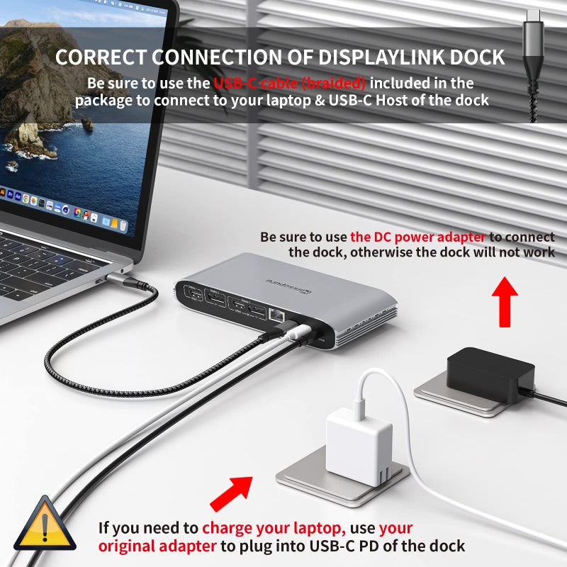 minisopuru محطة إرساء ثلاثية العرض Minisopuru Displaylink لجهاز MacBook M1/M2/M3/M4/Windows، محطة إرساء DisplayLink مع 2 HDMI و 2 DisplayPort، شحن 100W، بيانات USB-C، إيثرنت، صوت، 4 منافذ USBA - Image 5