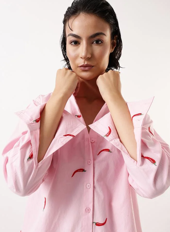 هوبرهولمي قميص نسائي وردي قطن % مطرز بأزرار مقاس كبير