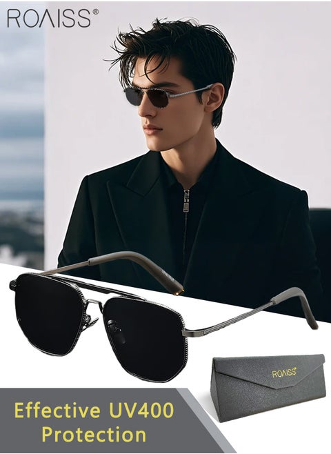 Polarized Square Sunglasses for Men, UV400 Protection Sun Glasses with Metal Elastic Temple, Fashion Anti-glare Sun Shades for Driving Traveling Hunting with Case 58mm
