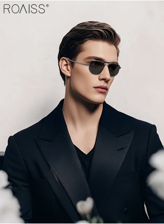 Polarized Square Sunglasses for Men, UV400 Protection Sun Glasses with Metal Elastic Temple, Fashion Anti-glare Sun Shades for Driving Traveling Hunting with Case 58mm