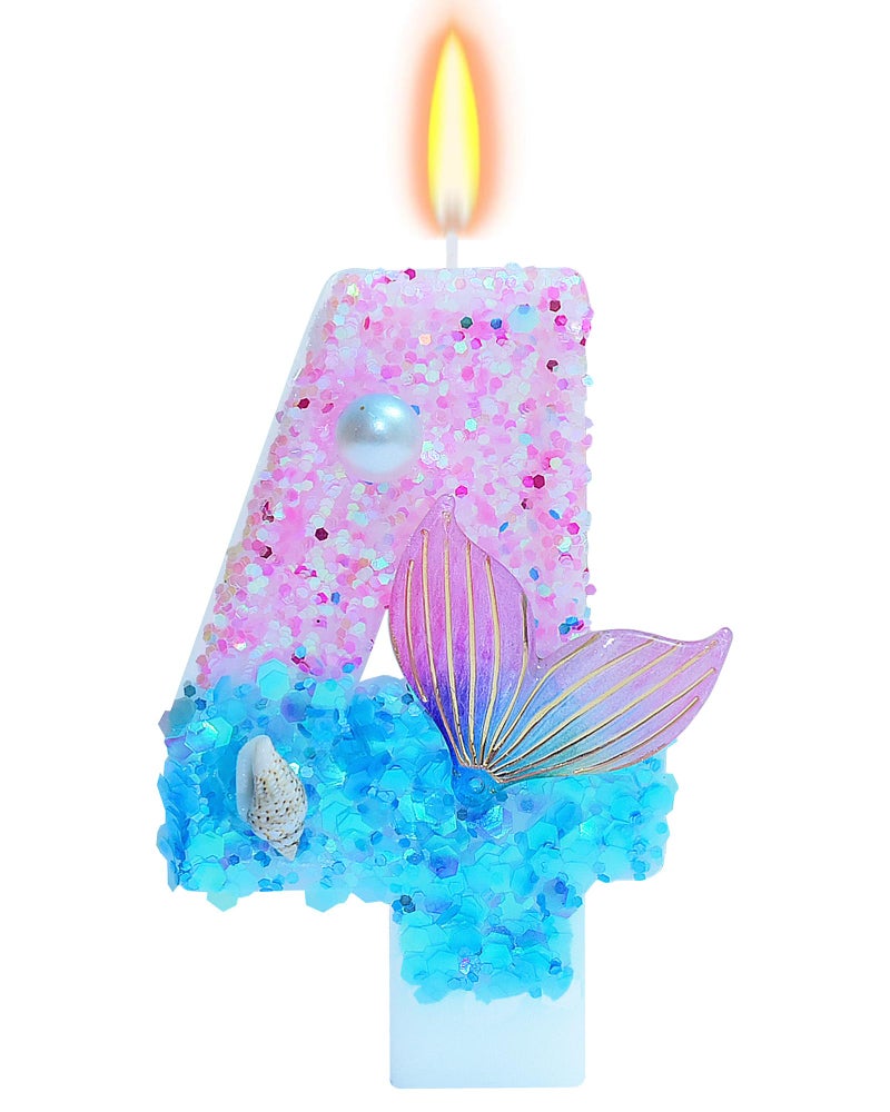 fauaoy Mermaid Themed Birthday Candles, Number 4 Girls Glitter Birthday Party Supplies,Anniversary Party Decor,2.87 inch Cake Topper Decorations (Mermaid Themed, Number 4) - Image 1