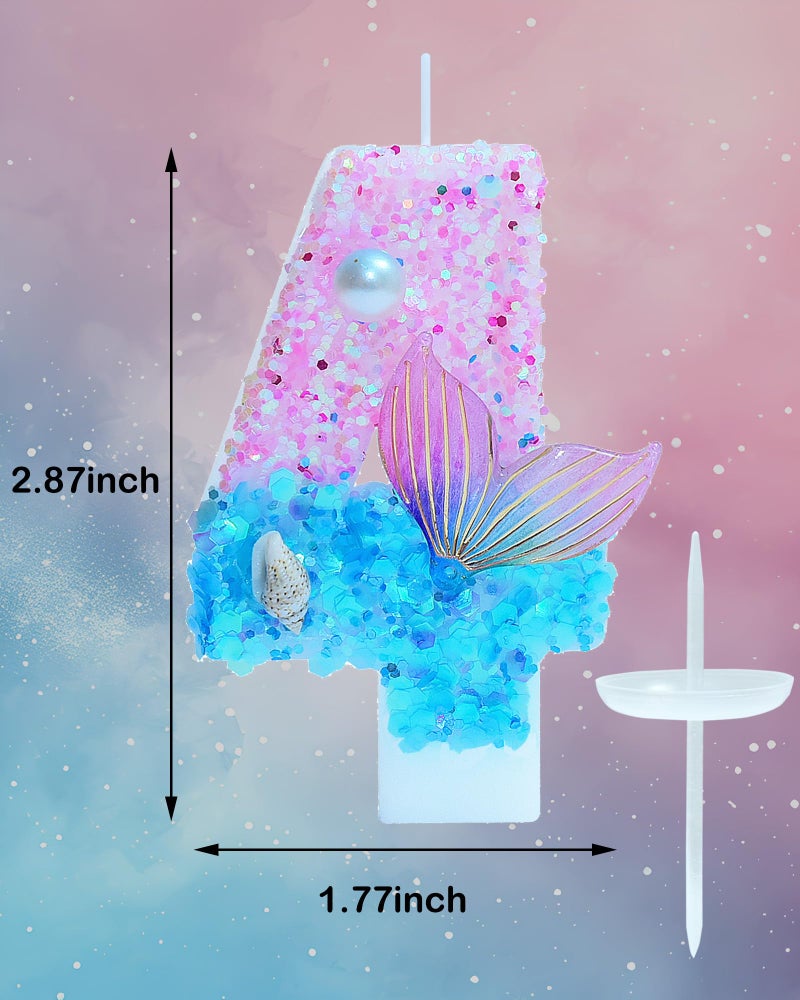fauaoy Mermaid Themed Birthday Candles, Number 4 Girls Glitter Birthday Party Supplies,Anniversary Party Decor,2.87 inch Cake Topper Decorations (Mermaid Themed, Number 4) - Image 3