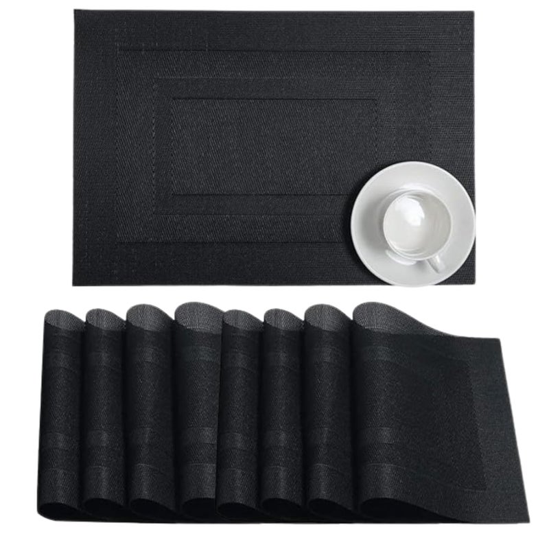 NAIDEV Dining Placemats HeatResistant and Waterproof Polyester PVC Table Placemats NonSlip and Washable Modern Decorative Rectangle Placemats for Kitchen and Dining Table Black Set of 8 - Image 1