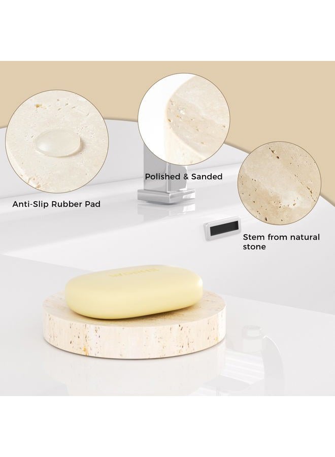 WORHE Marble Soap Dishes Natural Travertine Stone Sponge Holder for Bathroom Tub Shower Kitchen Sink, Handcraft Round Soap Case Trinket Plate Jewelry Tray Coaster for Home Decor Color Beige (WH046) - Image 2