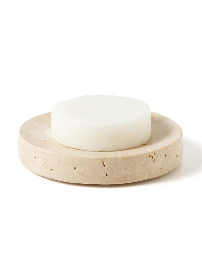 WORHE Marble Soap Dishes Natural Travertine Stone Sponge Holder for Bathroom Tub Shower Kitchen Sink, Handcraft Round Soap Case Trinket Plate Jewelry Tray Coaster for Home Decor Color Beige (WH046) - Image 1