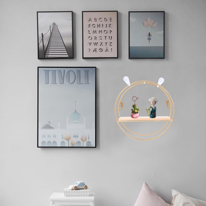 Gold Round Frame Floating Shelf Wall Mounted Storage Rack For Home Decor And Organization - Image 3