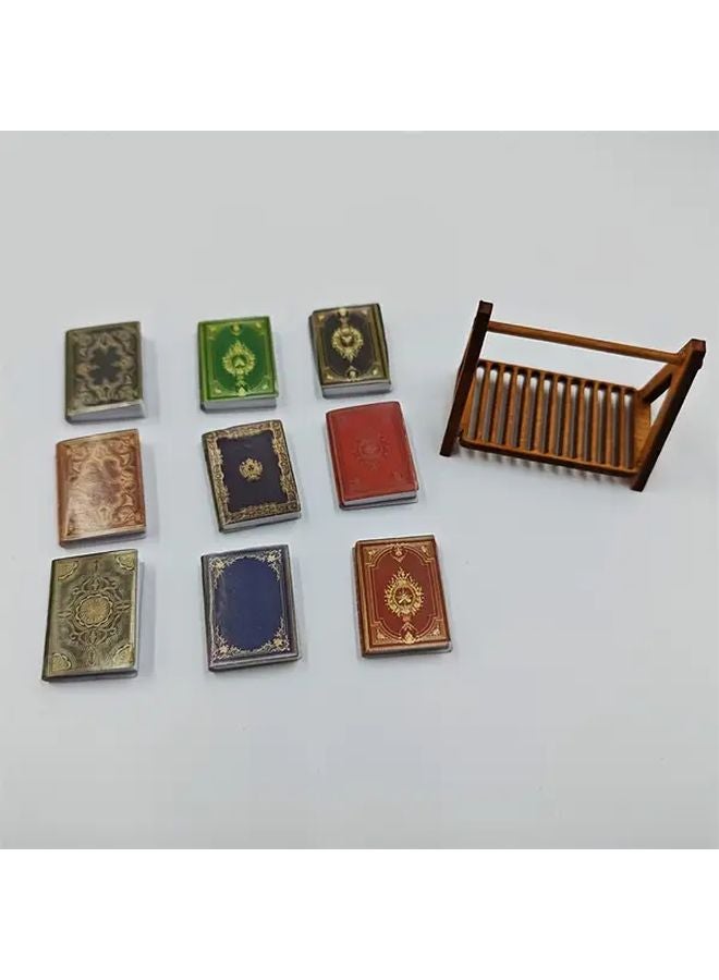 Miniature Brown Shelf With 9 Mini Books Dollhouse Decor Accessory - Image 1