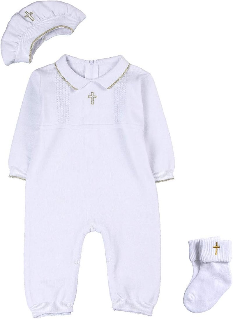 HAPIU Baby Boy Baptism Outfit with Hat Christening Outfit-Cross Detail - Image 1