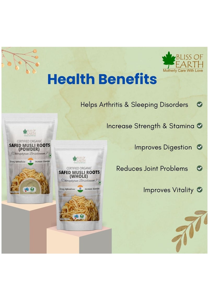BLISS OF EARTH Safed Musli Roots Whole Organic Chlorophytum Borivilianum Helps Boost Immunity Energy Stamina For Men & Women 100g - Image 3