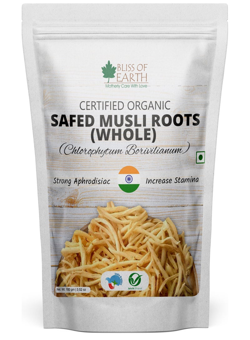 BLISS OF EARTH Safed Musli Roots Whole Organic Chlorophytum Borivilianum Helps Boost Immunity Energy Stamina For Men & Women 100g - Image 1
