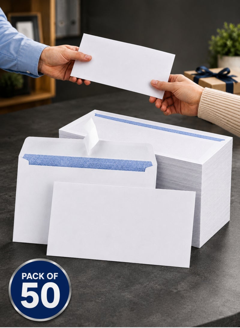 MOMENT Pack of 50 White Envelopes, 22 x 11 cm Peel & Seal Self-Adhesive Mailing Envelopes for Letters, Invoices, Home Office, Posting and Ecommerce Order Dispatch - Image 1