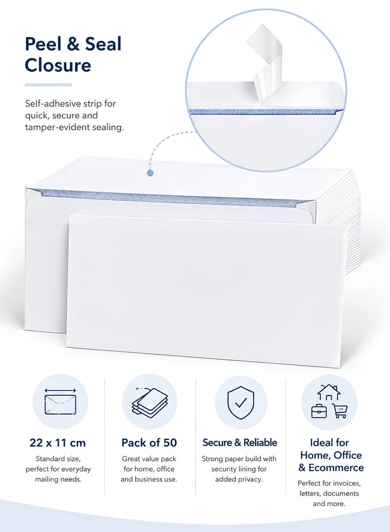 MOMENT Pack of 50 White Envelopes, 22 x 11 cm Peel & Seal Self-Adhesive Mailing Envelopes for Letters, Invoices, Home Office, Posting and Ecommerce Order Dispatch - Image 2