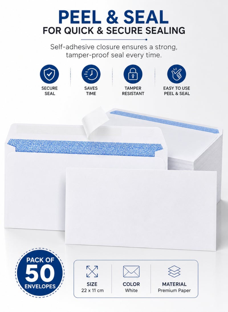 MOMENT Pack of 50 White Envelopes, 22 x 11 cm Peel & Seal Self-Adhesive Mailing Envelopes for Letters, Invoices, Home Office, Posting and Ecommerce Order Dispatch - Image 5