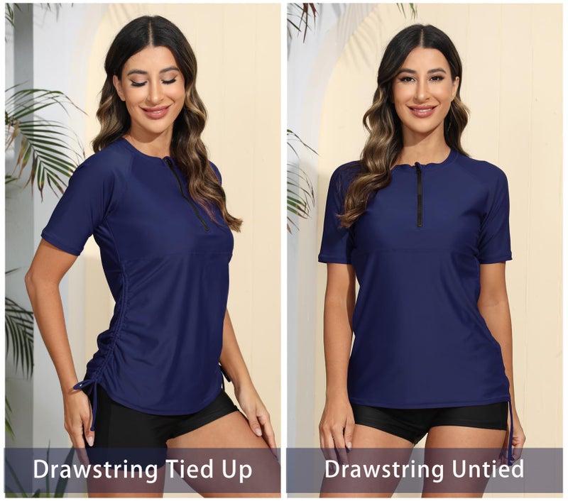 Halcurt Women's Half Zip Short Sleeve Rash Guard Swimsuit Top Ruched Swim Shirt UPF50+ Quick Dry Bathing Suit Navy S - Image 2