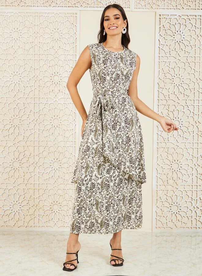 Styli Styli Paisley Print Self Tie Up Shift Maxi Dress and Kimono Set