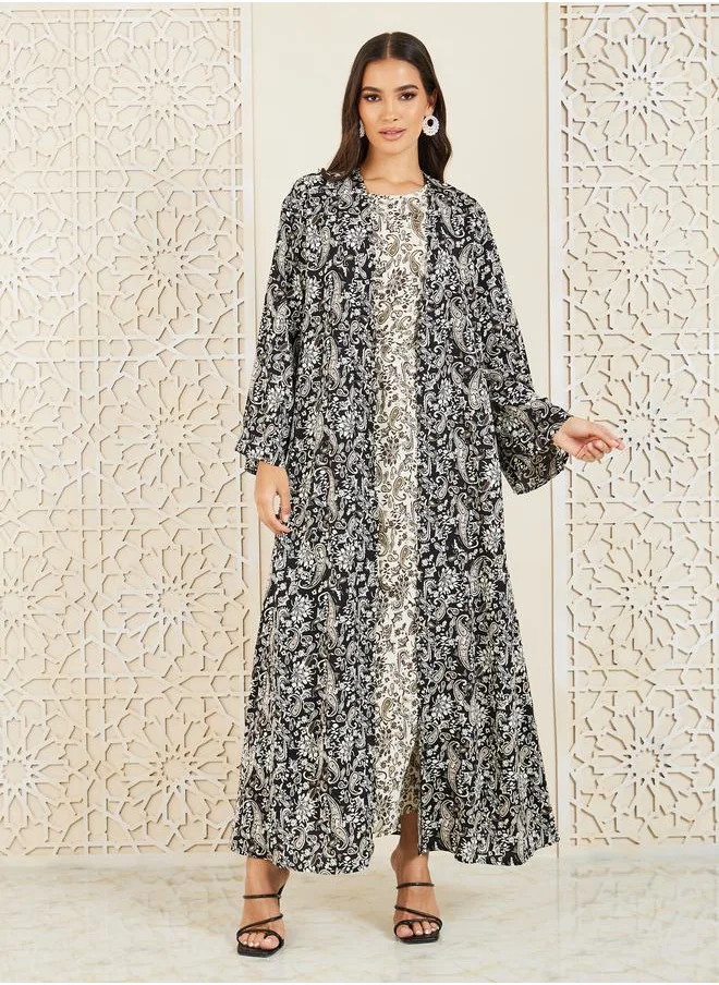 Styli Paisley Print Self Tie Up Shift Maxi Dress and Kimono Set