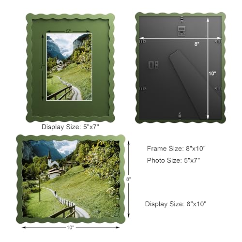 Chrspk 8X10 Wavy Picture Frame With Mat For 5x7, Wavy Edge Wooden Picture Frame with Real Glass - Wall Mount and Tabletop Display, Green, 2 Pack - Image 2