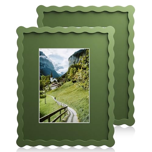 Chrspk 8X10 Wavy Picture Frame With Mat For 5x7, Wavy Edge Wooden Picture Frame with Real Glass - Wall Mount and Tabletop Display, Green, 2 Pack - Image 1